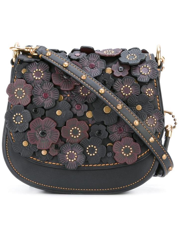 Coach Flower Embellished Shoulder Bag, Women's, Brown, Leather