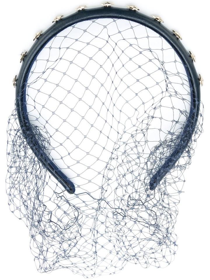 Red Valentino Studded Veil Headband, Women's, Blue, Leather/nylon/brass