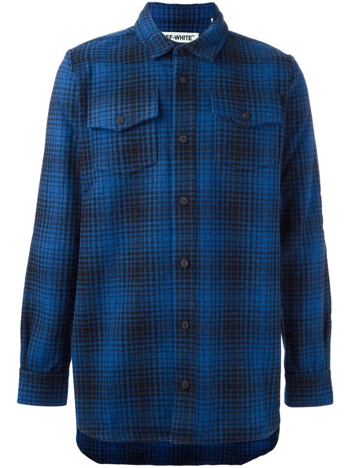 Off-white Plaid Button Down Shirt, Men's, Size: Xs, Blue, Acrylic/polyester/wool/other Fibers