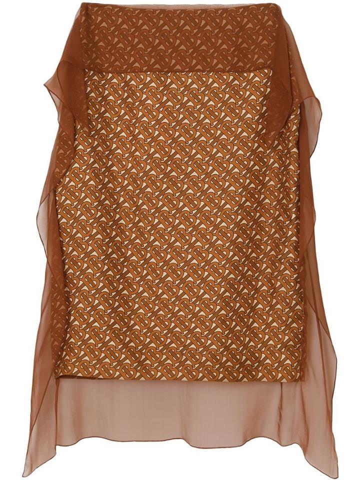 Burberry Scarf Detail Monogram Print Silk Pencil Skirt - Brown