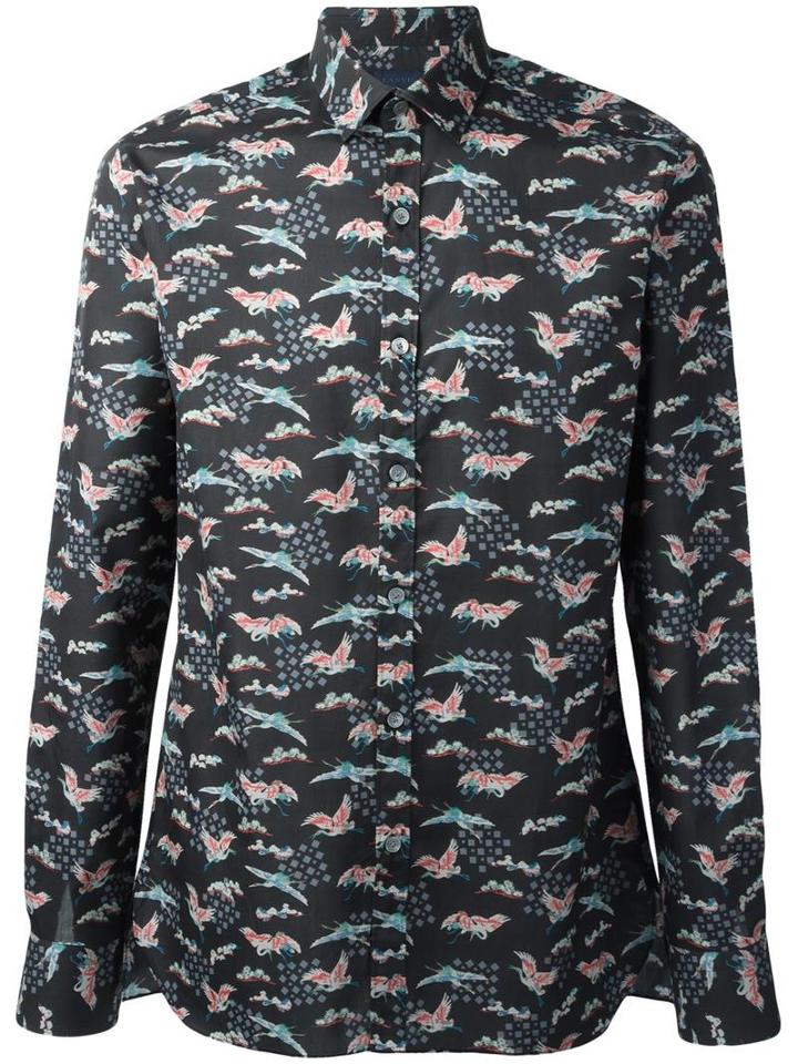 Lanvin Evolutive Cranes Print Shirt, Men's, Size: 42, Black, Cotton