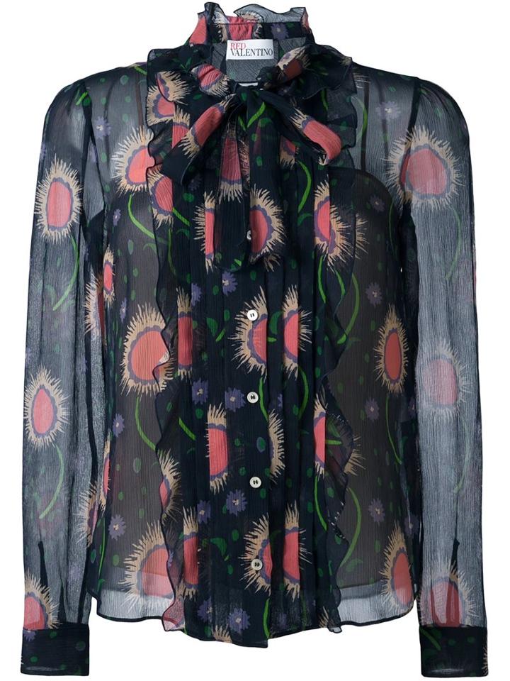 Red Valentino Ruffled Pussy Bow Shirt, Women's, Size: 44, Blue, Silk/polyester