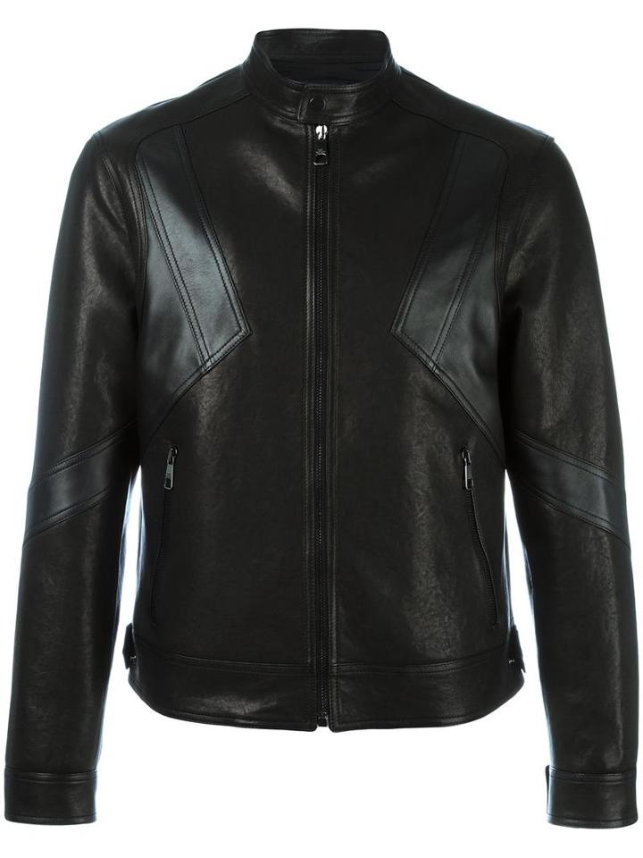 Neil Barrett Geometric Panelled Leather Jacket, Men's, Size: Large, Black, Leather/viscose/polyester