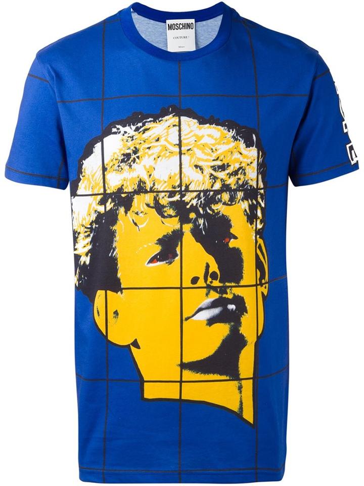 Moschino Face Print T-shirt, Men's, Size: 46, Blue, Cotton