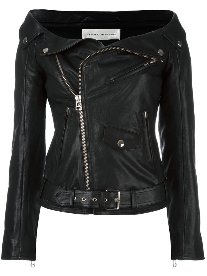 Faith Connexion Off-shoulder Biker Jacket, Women's, Size: 36, Black, Lamb Skin/polyester/cotton