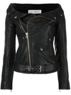 Faith Connexion Off-shoulder Biker Jacket, Women's, Size: 36, Black, Lamb Skin/polyester/cotton