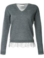 Estnation V-neck Lace Trimmed Sweater - Grey