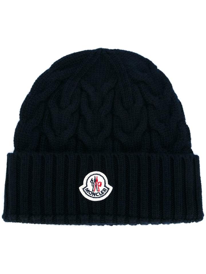 Moncler Cable Knit Beanie, Men's, Blue, Virgin Wool