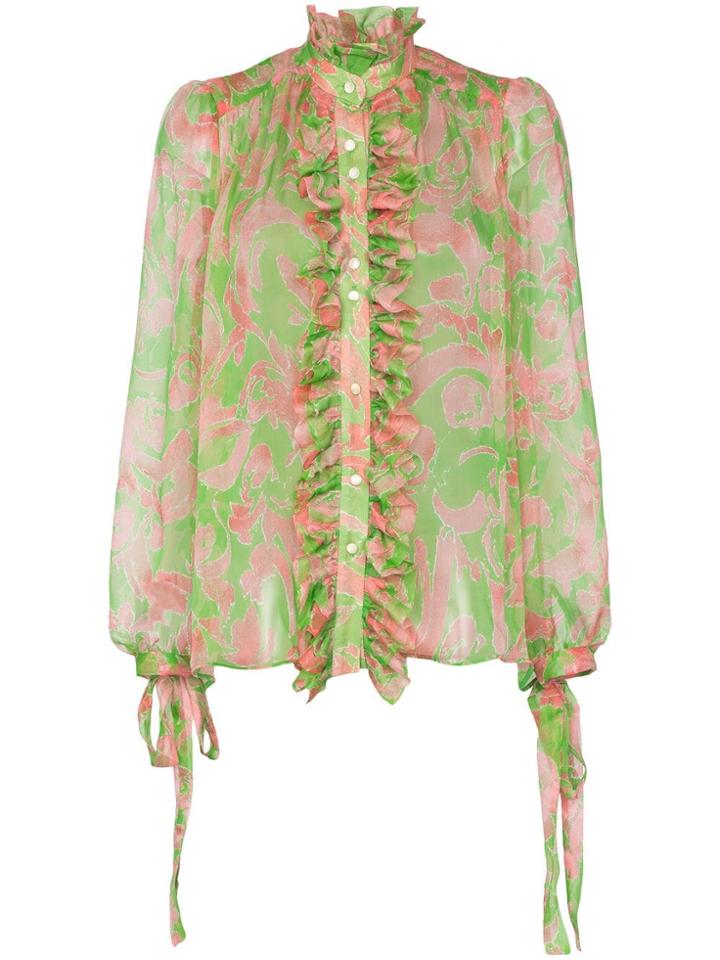 Ronald Van Der Kemp Ruffle Trim Sheer Floral Silk Blouse - Green/pink