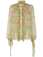 Ronald Van Der Kemp Ruffle Trim Sheer Floral Silk Blouse - Green/pink