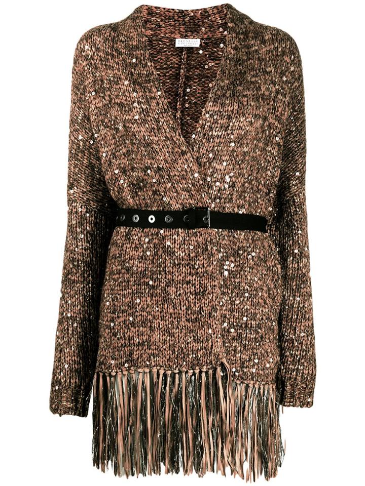 Brunello Cucinelli Sequin Embellished Belted Cardigan - Brown