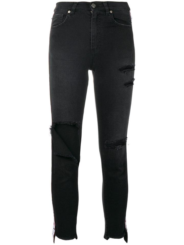 Gaelle Bonheur Side Logo Stripe Ripped Jeans - Black