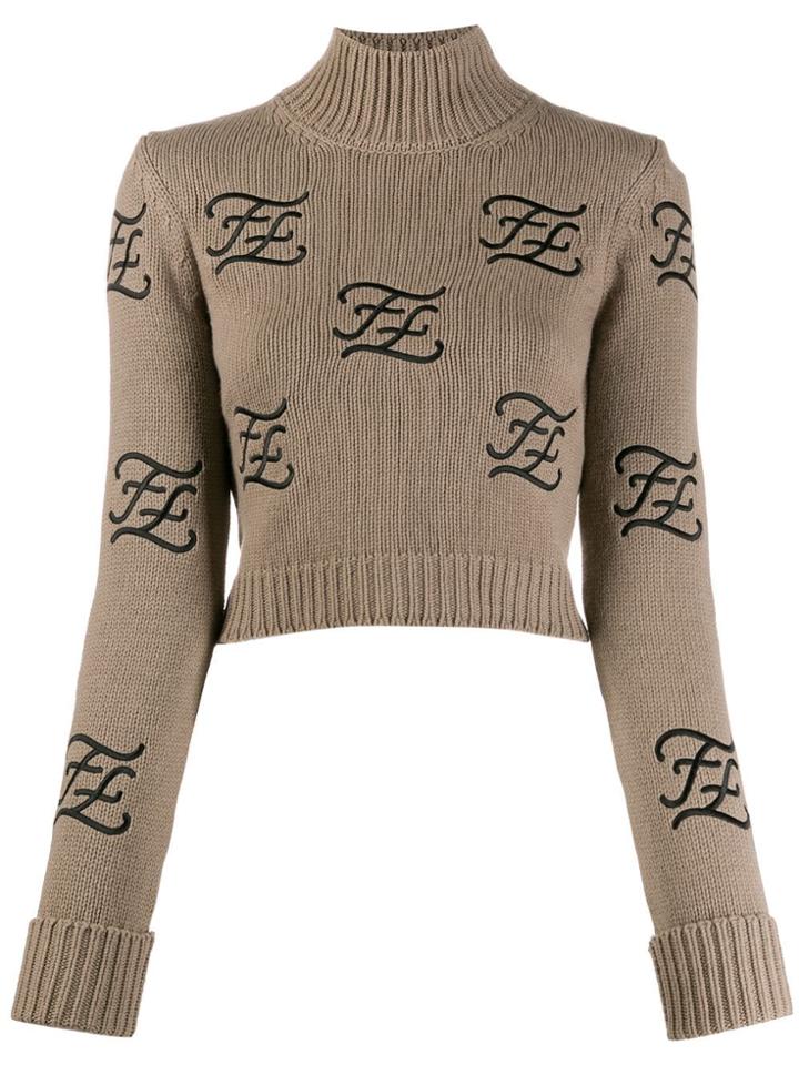 Fendi Embroidered Logo High Neck Jumper - Neutrals