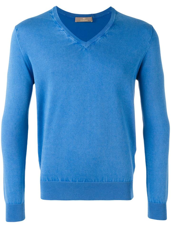 Cruciani V-neck Jumper, Men's, Size: 50, Blue, Cotton