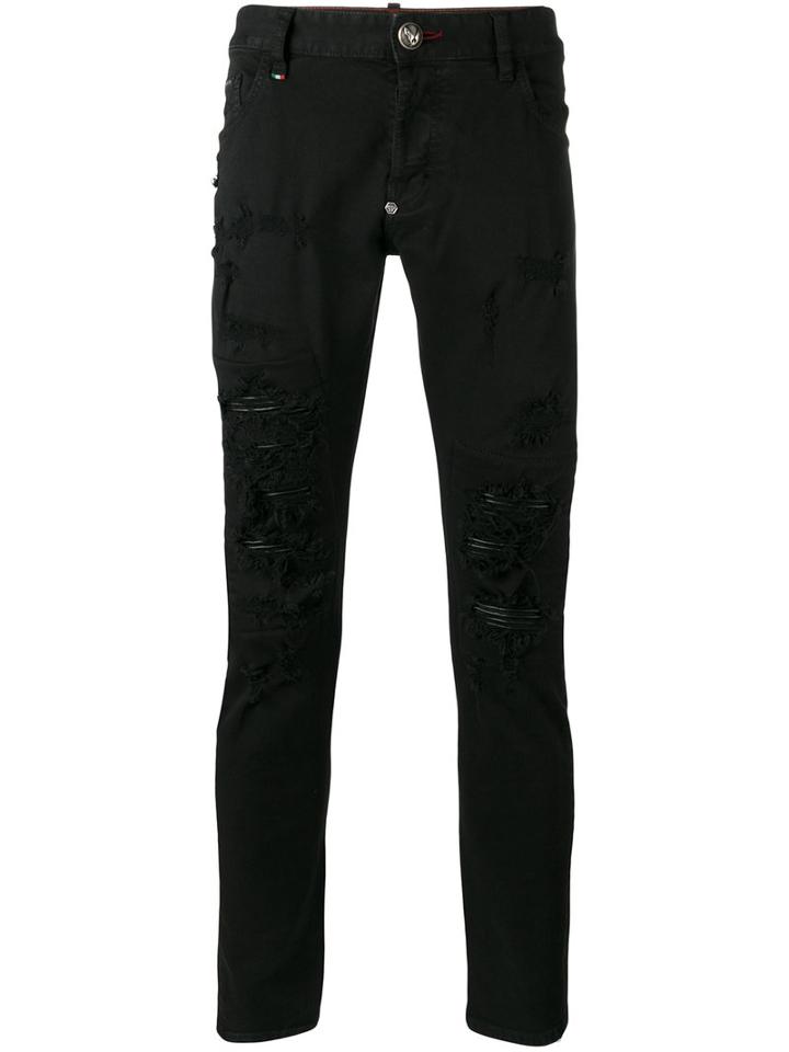 Philipp Plein Distressed Skinny Jeans, Men's, Size: 33, Black, Cotton/polyester/spandex/elastane