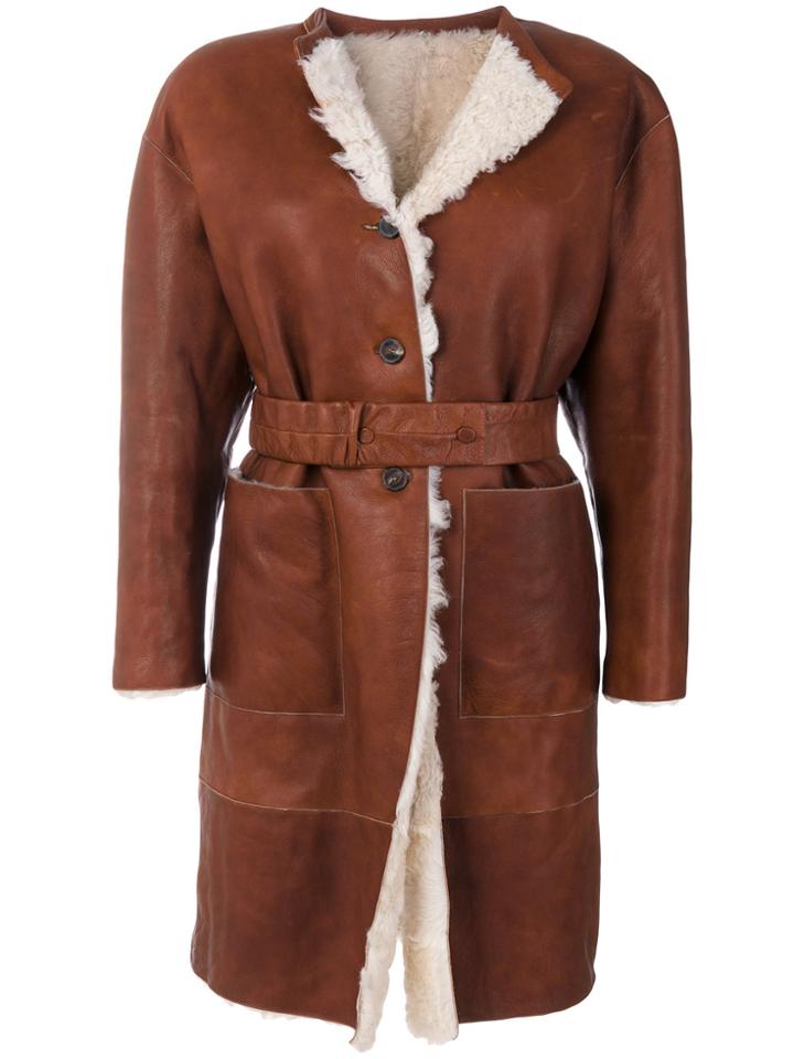 Numerootto Belted Coat With Fur Lining - Brown