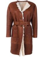 Numerootto Belted Coat With Fur Lining - Brown