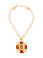Chanel Vintage Gemstone Pearl Cross Necklace, Women's, Metallic