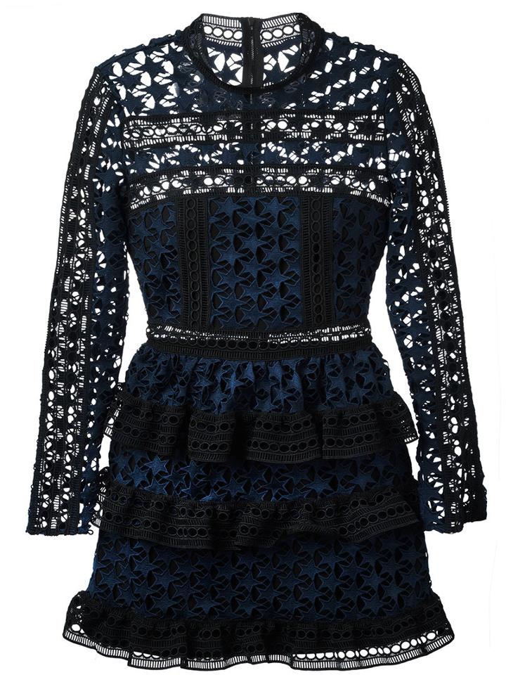 Self-portrait Star Lace Panelled Dress, Women's, Size: 12, Blue, Spandex/elastane/polyester
