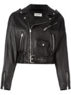 Saint Laurent Cropped Leather Biker Jacket, Women's, Size: 38, Black, Lamb Skin/cupro/cotton