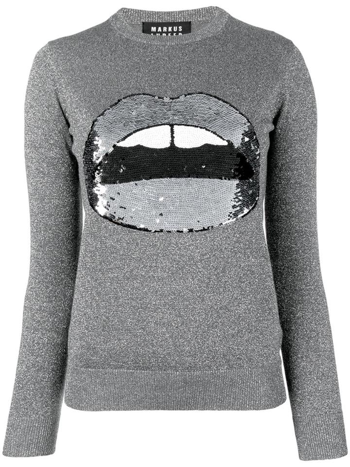 Markus Lupfer Glitter Sequinned Lips Jumper - Grey