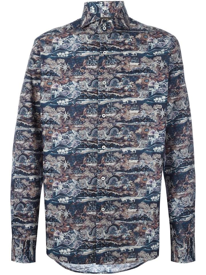 Gabriele Pasini Landscape Print Shirt, Men's, Size: 40, Blue, Cotton