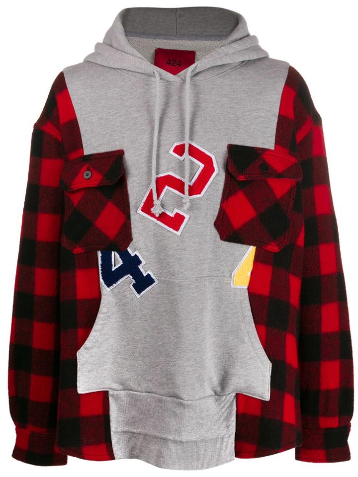 424 Check Panel Hoodie - Grey