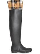 Burberry Vintage Check And Rubber Knee-high Rain Boots - Black