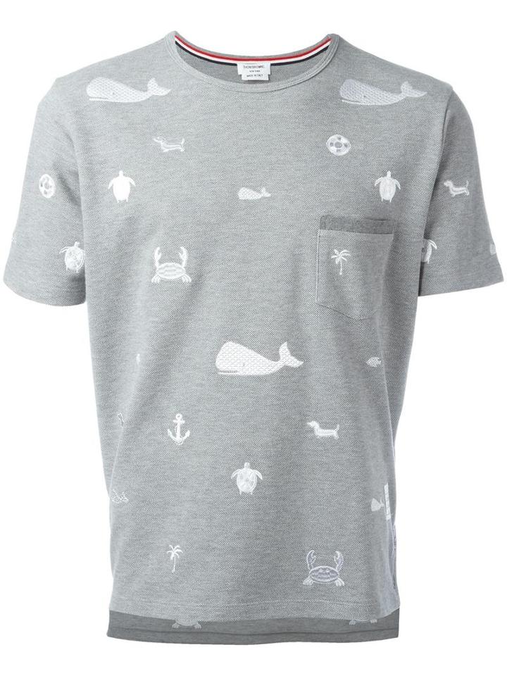 Thom Browne Embroidered Pocket T-shirt, Men's, Size: 1, Grey, Cotton