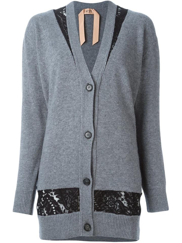 No21 Lace Detail Cardigan, Women's, Size: 44, Grey, Cotton/polyamide/viscose/virgin Wool