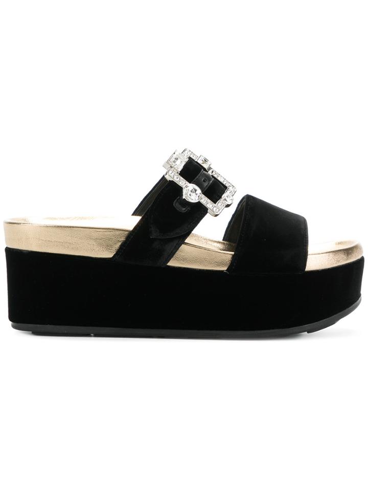 Prada Embellished Flatform Slides - Black