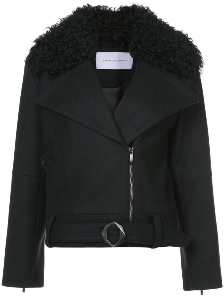 Kimora Lee Simmons Removable Shearling Collar Bomber Jacket - Black