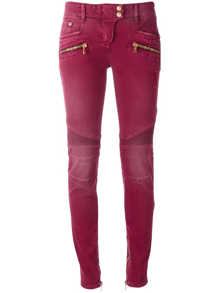 Balmain - Stretch Biker Jeans - Women - Cotton/spandex/elastane - 38, Women's, Red, Cotton/spandex/elastane