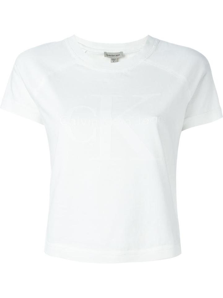 Calvin Klein Jeans Logo Print Cropped T-shirt, Women's, Size: Medium, White, Cotton
