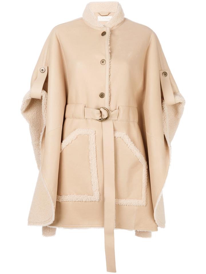 Chloé Belted Shearling Leather Cape - Nude & Neutrals