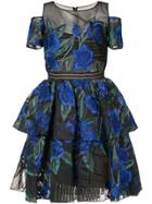 Marchesa Notte Cold-shoulder Floral-embroidered Dress - Blue