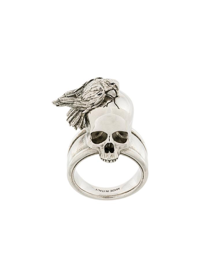 Alexander Mcqueen Raven And Skull Ring - Metallic