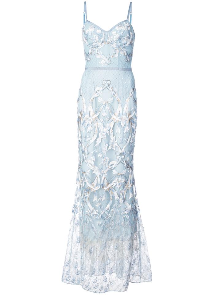 Marchesa Notte Embroidered Corset Gown - Blue
