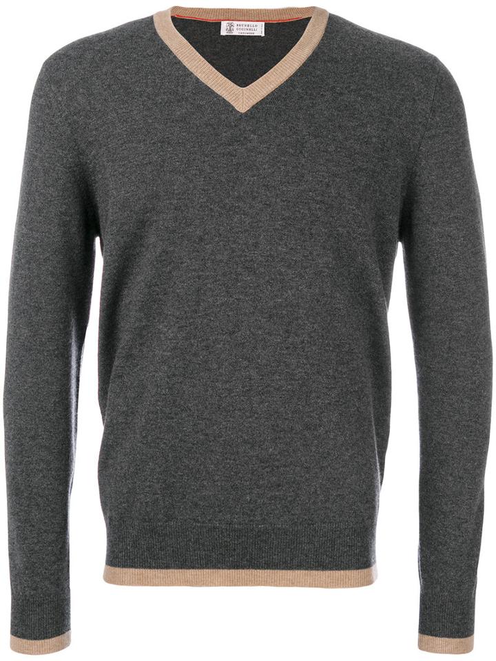 Brunello Cucinelli - Contrast Trim V-neck Top - Men - Cashmere - 54, Grey, Cashmere