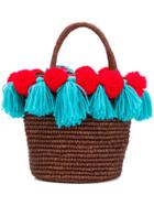 Sensi Studio Pom Pom Embellished Woven Tote - Brown