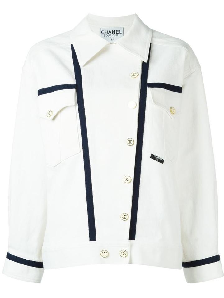 Chanel Vintage Contrast Trim Jacket, Women's, Size: 46, White