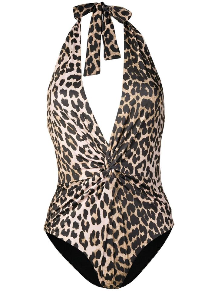 Ganni Leopard Print Halter Neck Swimsuit - Neutrals