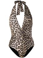 Ganni Leopard Print Halter Neck Swimsuit - Neutrals