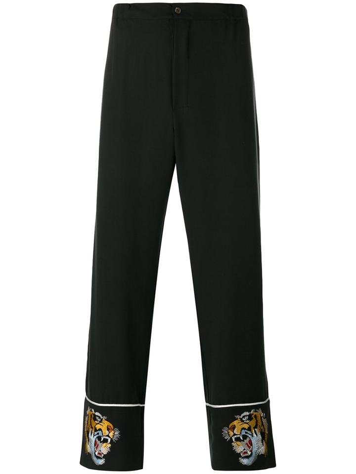 Laneus - Tiger-embroidered Trousers - Men - Viscose/tencel - 46, Black, Viscose/tencel