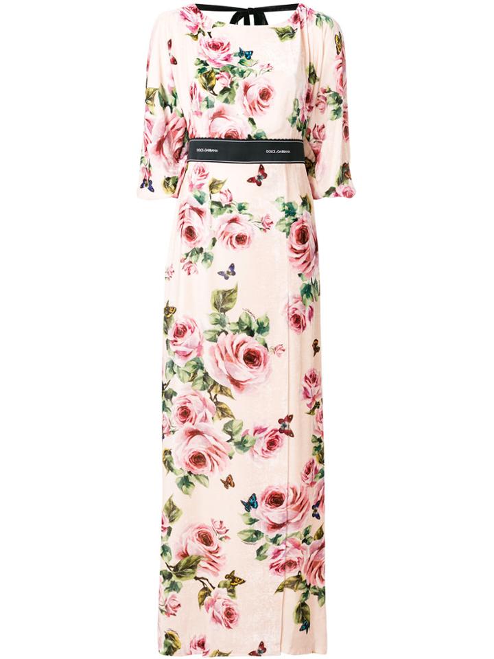 Dolce & Gabbana Rose Print Brocade Long Dress - Pink & Purple