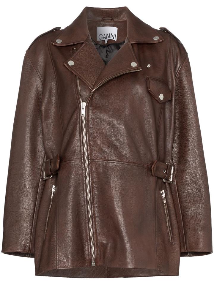 Ganni Mid-length Biker Jacket - Brown