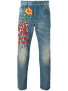 Gucci Snake Embroidered Slim-fit Jeans, Men's, Size: 31, Blue, Cotton