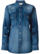 Saint Laurent Distressed Denim Shirt, Women's, Size: 44, Blue, Cotton/linen/flax