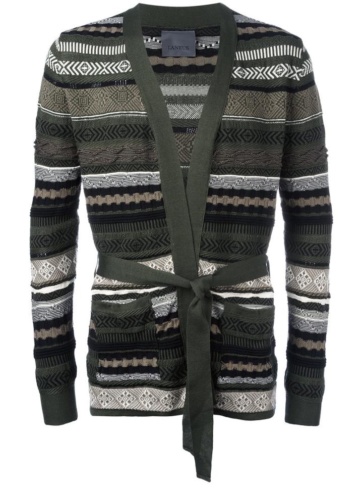 Laneus Multi-pattern Belted Cardigan, Men's, Size: 54, Green, Cotton