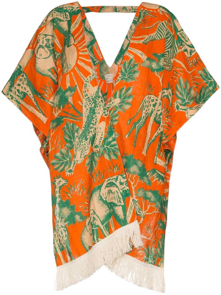 Chufy Animal Print Fringed Linen Poncho - Yellow & Orange